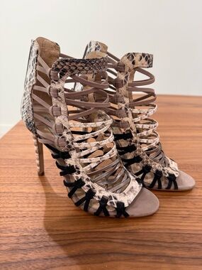Steve Madden Snake-Print Strappy Stiletto Sandals in Taupe and Black